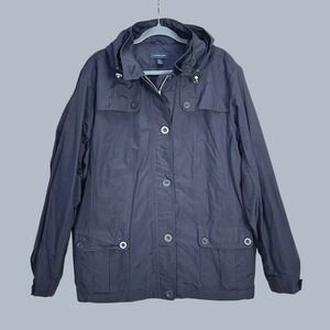 Lands End Womens XL Navy Blue Hooded Rain Jacket Nylon Full Zip Parka Coat
